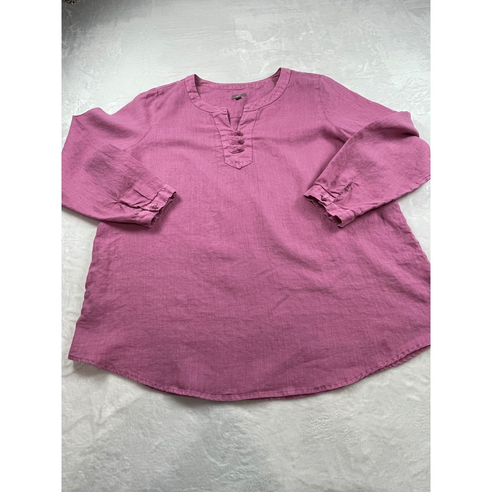 J. Jill Womens XL Raspberry Pink 100% Linen Split Neck Frog Button Tunic Top